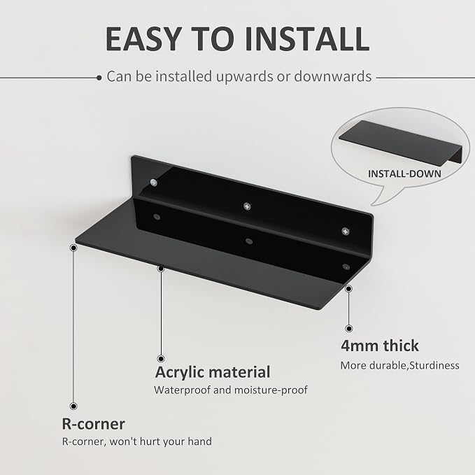 15 Inches Black Acrylic Wall Shelves 4 Pack, Perspex Wall Mounted Shelves for Home Décor, Space Saver