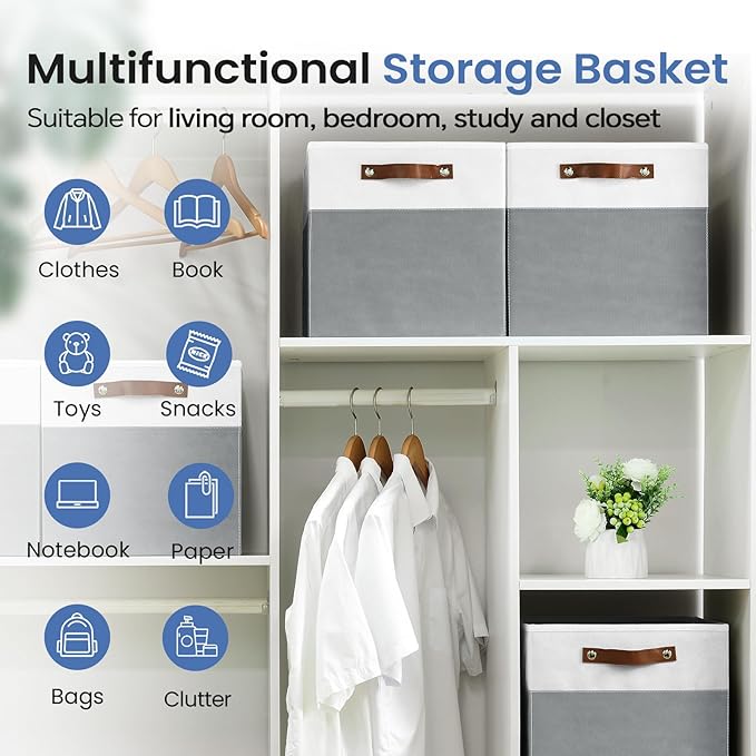 FinishingBo 6-Pack Storage Cubes with Handles & Label Holders Basket, Closet Cube Home Organizer Bins(White/Dark Grey, 13 x 13 x 13 inch)