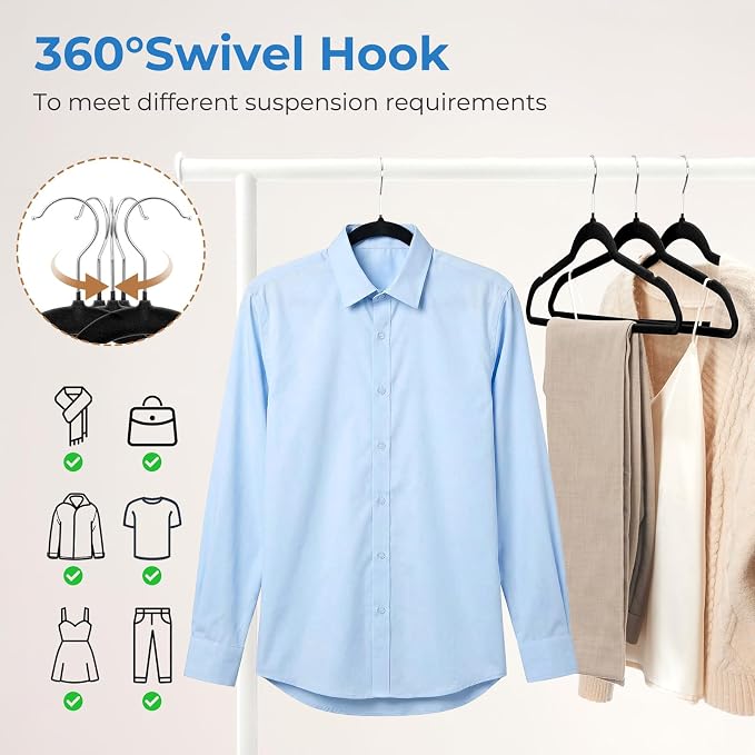 Smartor Black Velvet Hangers 50 Pack, Non Slip Space-Saving Clothes Hangers | Premium Slim Felt Hanger for Closet Organizers and Storage, Heavy Duty Hanger with Shoulder Notches and 360° Hooks for Coats