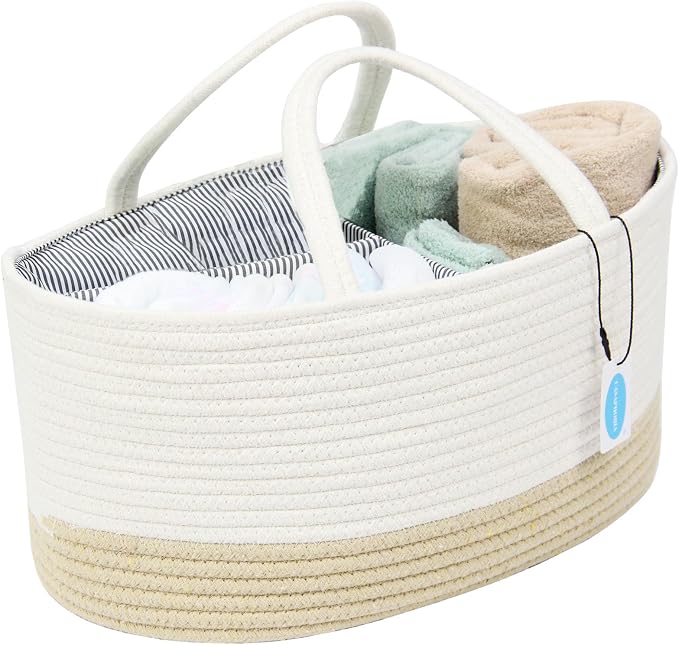 Casaphoria Caddy Organize Woven Cotton Rope Basket Caddy with Removable Inserts Towels, Portable Soft Baskets, White and Yellow