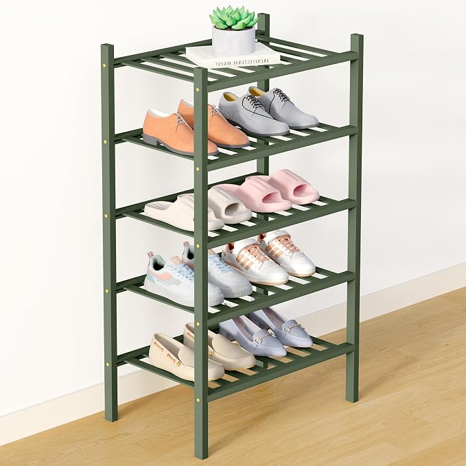 Smiry Bamboo Shoe Rack for Closet, 5 Tier Small Wooden Shoe Organizer, Stackable Wood Shoe Storage Shelf for Entryway, 14 Vertical Slats, 2+3 Stack Heavy-Duty Legs, 17.32"x11.02"x31.3", Green