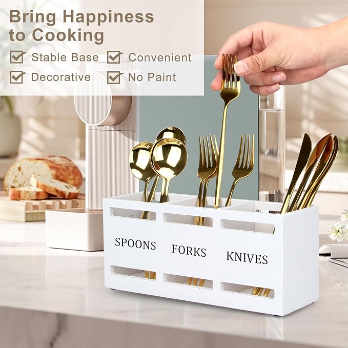 Wooden Silverware Cutlery Holder White Flatware Caddy Small Kitchen Utensil Holders for Party Wood Silverware Organizer Storage for Table Countertop Spoon and Fork Holder Utensils Caddy Basket