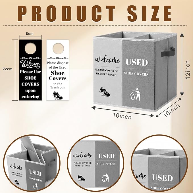 Shoe Cover Box with Door Hanging Sign – Foldable Double Compartment Storage Bin, Freestanding Dispenser Organizer for Home, Office, Entryway (White Gray)