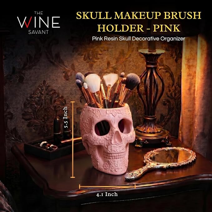 Skull Makeup Brush Holder, Pen Holder, Vanity, Desk, Office Organizer, Stationary, Decor Planter, Candy Bowl, Goth Decorations, Extra Large, Skulls Gothic Skull & Bones Organizer Bathroom (Cloud Pink)