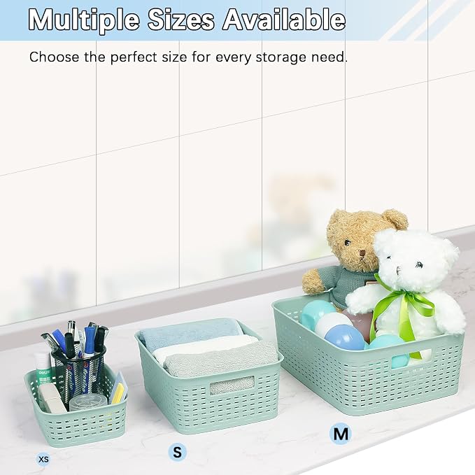 Soddeph Plastic Storage Baskets for Cabinets, Household Pantry Organization with Handle,Organizer Bins for Room,Bathrooms,Under-Sink,Kitchen (Green, M-3PACK)