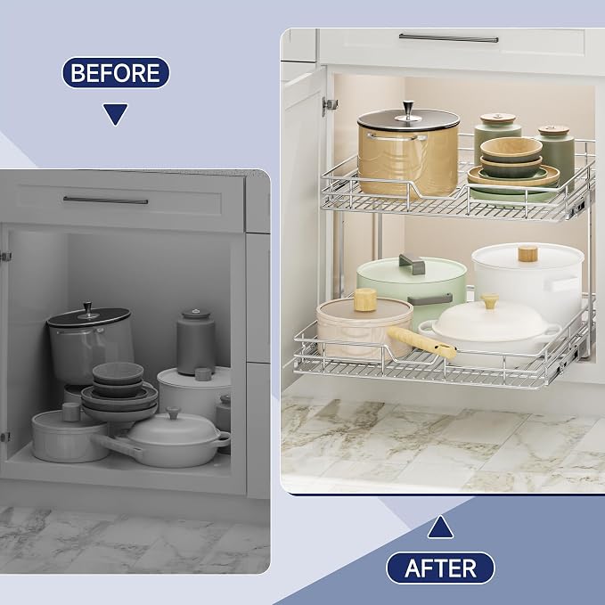 2-Tier Pull Out Cabinet Organizer, 19.5" W x 21.5" D, Heavy Duty Dual Slide Out Shelves for Base Cabinets, Chrome Wire Basket Drawer for Pantry, Kitchen & Bathroom Storage