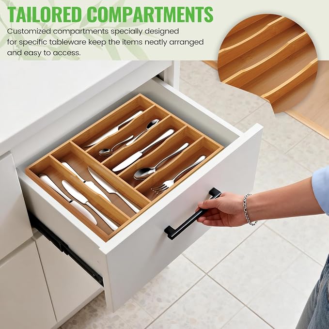 Bamboo Silverware Organizer, 12 Inch Bamboo Kitchen Drawer Cutlery Organizer, Utensil Holder, Flatware Organizer Tray (15.8"x11.9"x1.6")