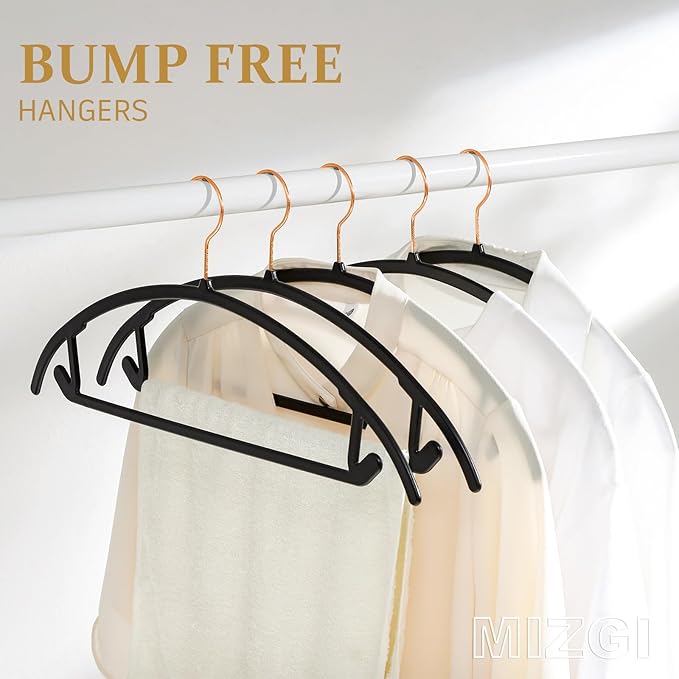 MIZGI Premium Plastic Hangers (Pack of 50) Heavyduty- Black No Shoulder Bump Suit Hangers - Space Saving Clothes,Rounded Hanger for Coat,Sweater,Jackets,Pants