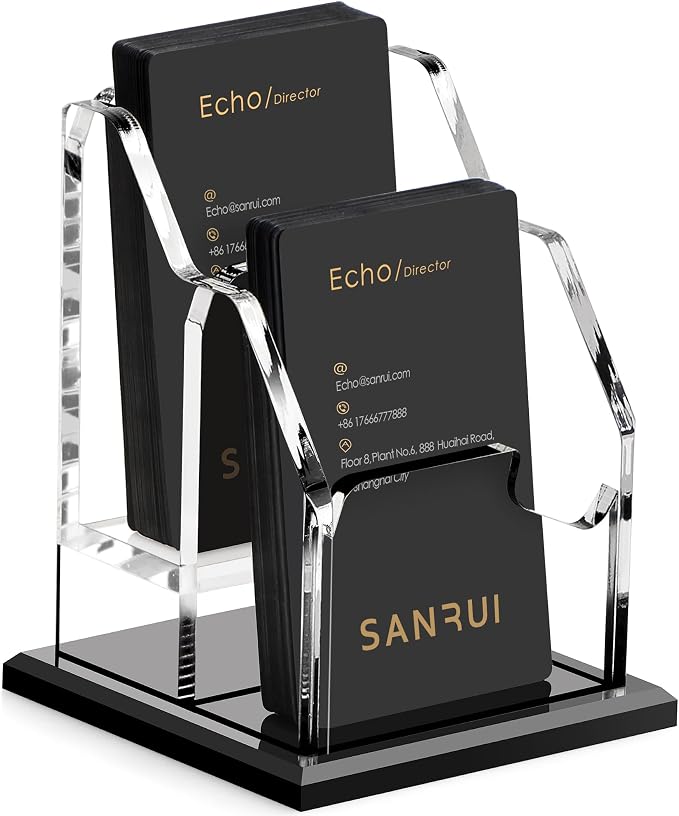 SANRUI Black Vertical Business Card Holder for Desk 2 Slot 2 Tier, Clear Acrylic Name Card Stand for Women and Men, Desktop Organizer Display for Office Home Exhibition - 120 Card Capacity 1 Pack