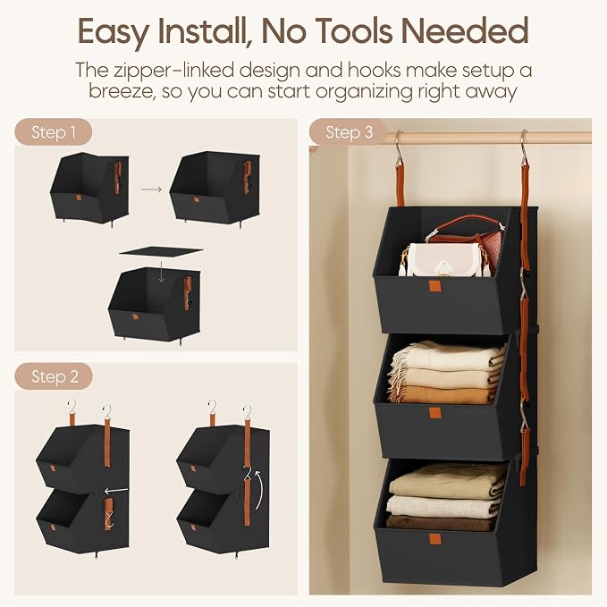 Homsorout Collapsible Hanging Closet Organizer - 3 Tier Closet Shelves Storage System with Hooks, Fabric Hanging Storage Bins for Clothes, Foldable Storage Basket for Laundry, Bedroom, Rv, Black