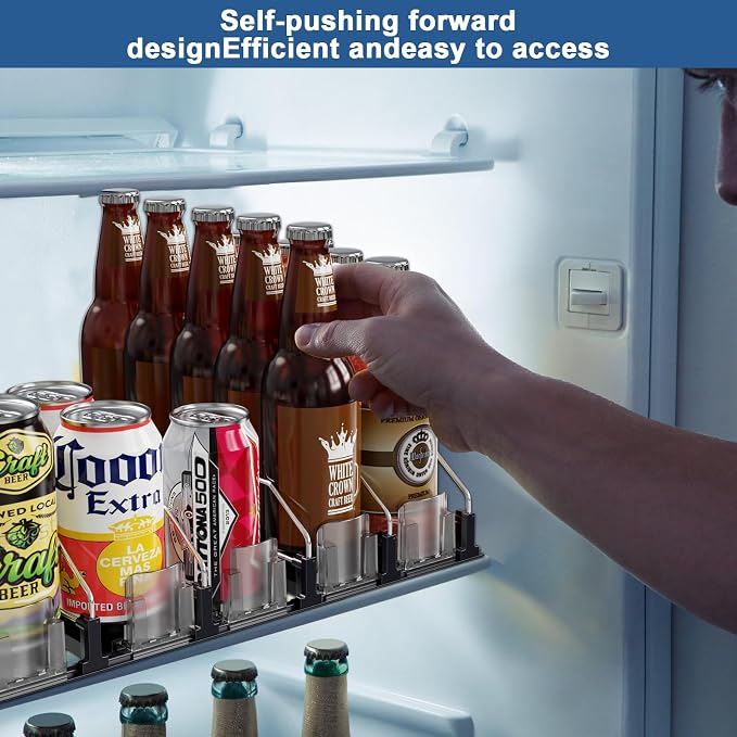 Drink Organizer for Fridge,12oz - Soda Can Dispenser for Refrigerator,Width Adjustable,Automatic Pusher Glide (White 10" D, 2ROWS)