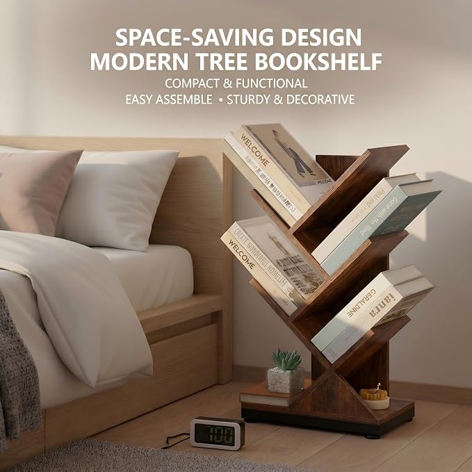 ruboka 5 Tier Tree Bookshelf, Small Bookcase 11.8"*7.4"*24" (Rustic Brown) | Retro Narrow Bookshelves for CDs/Magazines, Book Shelf for Bedroom, Living Room, Office, Balcony, Study Room