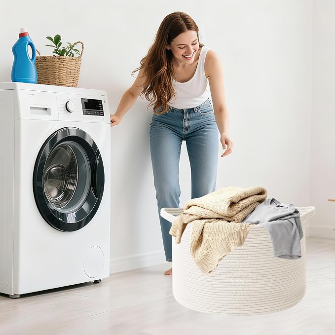 65L Large Blanket Basket,Woven Rope Laundry Basket Hamper with Handles,Decorative Nursery Basket Storage Bin for Toys, Pillows , Clothes Organizer, Living Room, Bedroom, Bathroom, White
