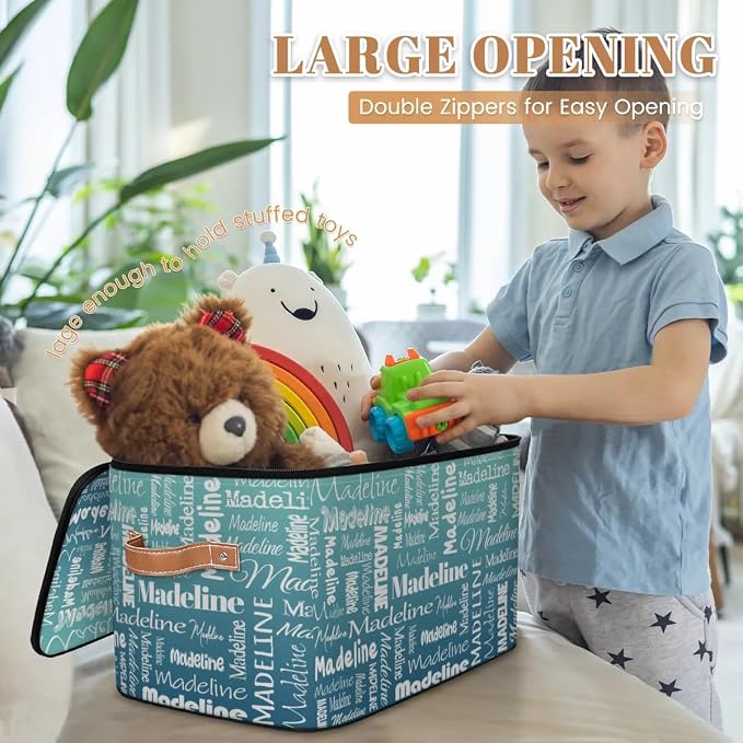 Custom Storage Basket with Name, Personalized Keepsake Box with Zipper Lid, Foldable Fabric Memory Bin Large capacity with Handle Gradient Grey Green