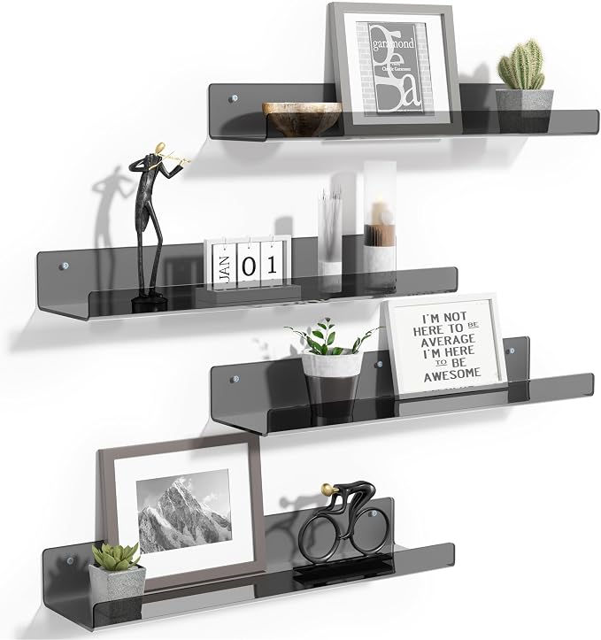 upsimples 4 Pcs 15" Acrylic Shelves for Wall Decor and Display, Clear Black | Cute Floating Shelf for Perfume, Skincare, Nail Polish, Wall Organizer for Bedroom, Living Room, Playroom, Room Décor