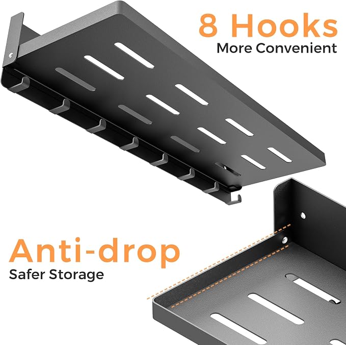 Folding Shelf with Hooks Wall Mount, Laundry Room Metal Shelves, Fold Up 90° and 8 Hooks, Foldable Storage Wall Shelf for Rv, Utility Room, Garage, Space Saving, Black（17.0", 2 Pack）