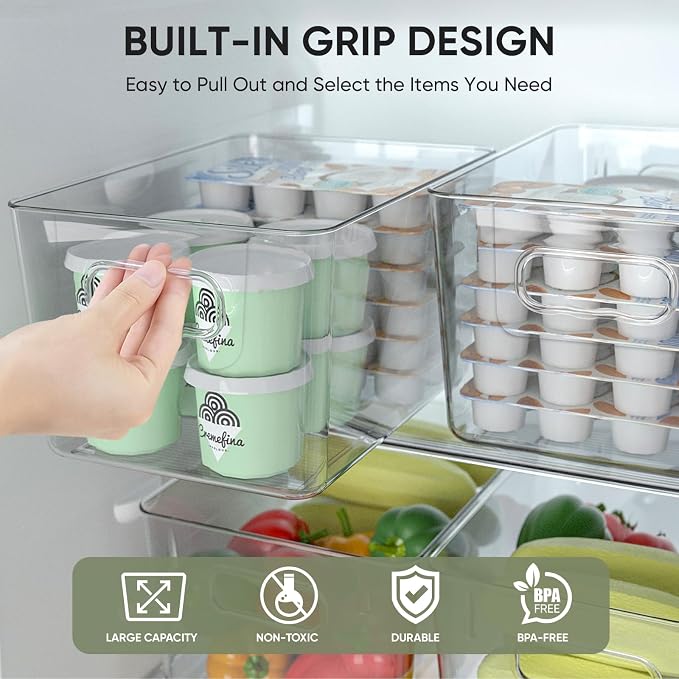 BALEINE Clear Plastic Storage Bins, Pantry Organization, BPA Free Stackable Refrigerator Organizers and Storage with Handles for Kitchen Fridge Cabinet Bathroom (8PK, 9.5x5.5x4.5)