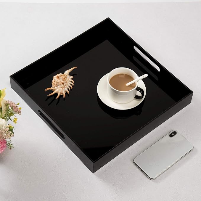 KEVLANG Glossy Black Acrylic Serving Tray - 14x14Inch, Multipurpose, Sturdy, Modern Style, Spill Proof, Countertop Organizer, Vanity Table Tray