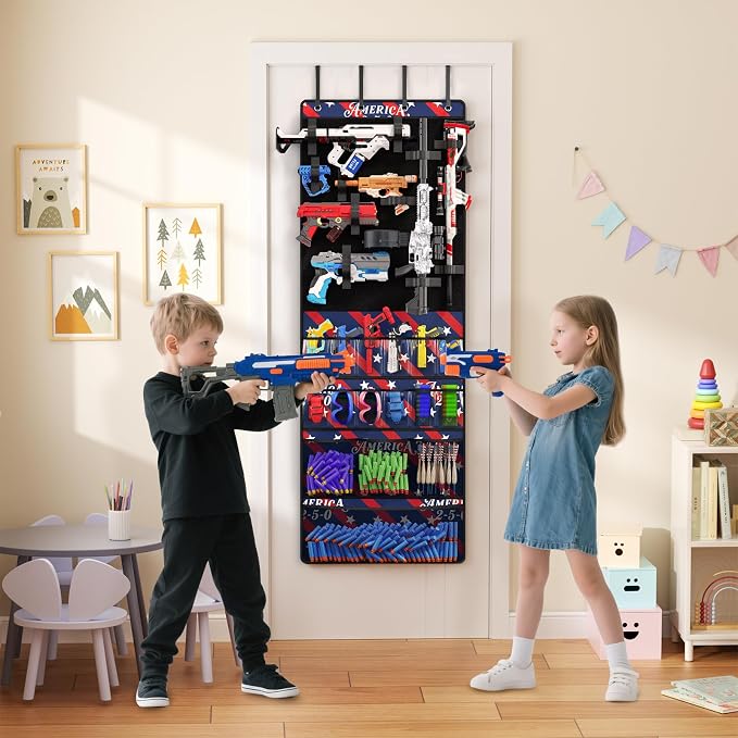 Over the Door Organizer for Toy Guns, Toys Storage Door Hanger with Pockets and Slots for Kids Foam Blasters, Darts, Goggles, Over Door Toys Storage Organizer, for Kids Rooms, Game Rooms, Blue Red