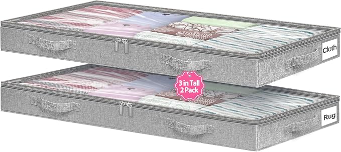 3-Inch High Under Bed Storage Containers, Low Profile Underbed Bins, NO RIGID STRUCTURE, Foldable Clothes Storage Organizer w/Lid & Zipper, Shallow Storage for Low Beds, Couches & Cribs, 2-Pack, Gray
