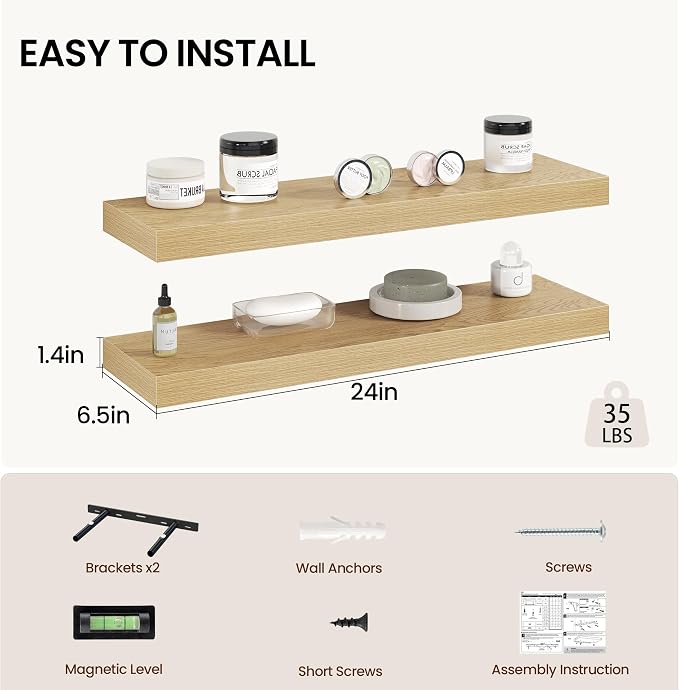 Vivelove 24 Inch Floating Shelves Wall Mounted for Display, 6.5 Deep Duty Shelves with Invisible Brackets for Living Room,Bedroom,Kitchen, Bathroom Storage & Decor,24" Wx6.5 Dx1.4 H - Oak