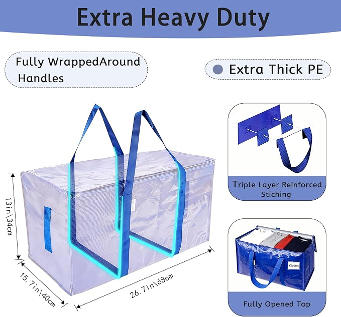 Oversized Moving Bags 6 Pack,Blue,Storage Bags with Lids,Heavy-Duty Moving Boxes with Zippers & Reinforced Handles, Storage Box for Space Saving,College Dorm,Traveling