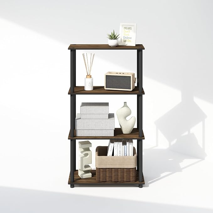 Furinno Turn-N-Tube Book Shelf, 4-Tier Bookshelf, Bookcase with Multipurpose Compact Display Rack, 11.6 x 23.6 x 43.2, for Living Room, Bedroom, Home Office, Columbia Walnut/Black