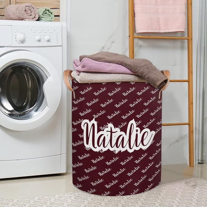 Personalized Laundry Basket, Custom Gift Laundry Hamper, Collapsible Nursery Waterproof Laundry Baskets, Dirty Clothes Toy Hamper with Handles Name Dark Red