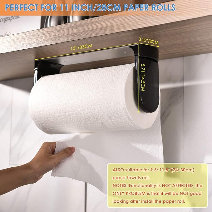 simpletome ONE Hand Tear Paper Towel Holder Under Cabinet Adhesive or Drilling Installation Aluminum Alloy + ABS (Black) | tension arms, tear one/more sheets at one time | aluminum alloy+abs | adhesive or drilling for wall/cabinet | for 28cm roll