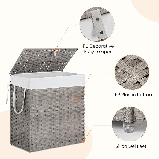 DUMOS Wicker Laundry Basket with Lid, 110L Woven Laundry Hamper with Handles, Foldable Rattan Clothes Hamper with Removable Liner & Sturdy Steel Frame, Dove Gray