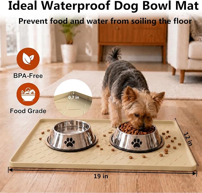 MateeyLife Silicone Mat Waterproof 12"X19", Ideal for Dog and Cat Food Mat, Dog Bowl Mats for Food and Water, Pet Placemat with Lip for Messy Drinkers to Protect Floor, Khaki