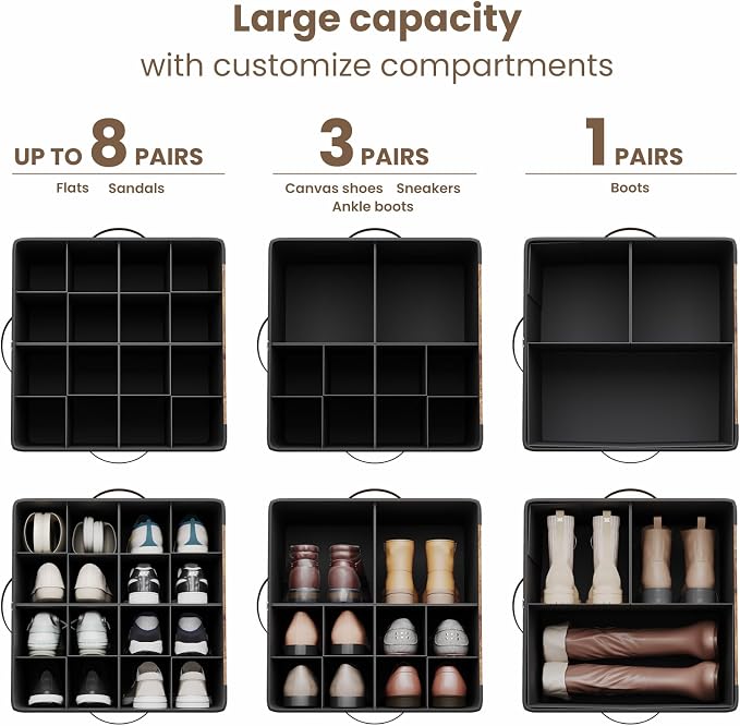 Varhomax Shoe Organizer Box for Closet, Fabric Shoe Storage Bin with Adjustable Dividers & Clear Cover, Holds up 16-32 Pairs of Sneakers & Sandals for Entryway, Cubby (Rust Brown)