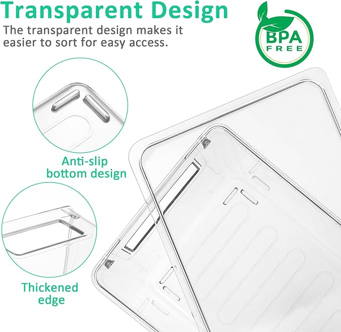 KAMOTA Plastic Storage Organizer Basket Bin with Handles and Lids for Bathroom, Pantry, Kitchen Cabinet, Fridge, Closet, Bedroom, Office and Home Organization - 8 pack - Clear