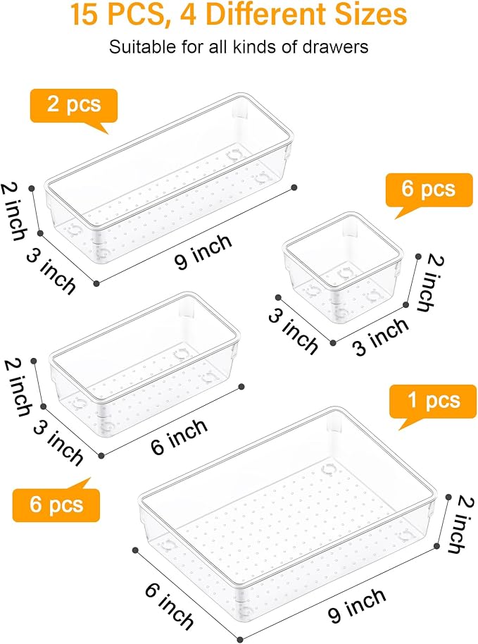 15 PCS Clear Plastic Drawer Organizers and Dividers, 4 Sizes Stackable Drawer Storage Bins and Organizer Trays for Bathroom, Kitchen, Office, Makeup, Vanity, Utensils, and Crafts