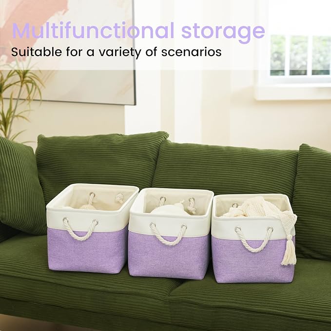 15x11x10 In Foldable Fabric Large Storage Bins with Handle 6 Pack | Organizer Baskets, Sturdy Metal Strand, Cardboard Support Molding, Storage Baskets for Shelves, Closet, Bedroom, White/Purple