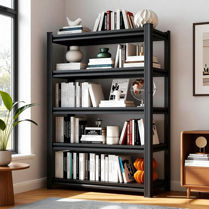 Large Capacity 5-Shelf Bookcase - Industrial Metal Bookshelf Tall & Adjustable, Ideal for Library/Office/Living Room, Black