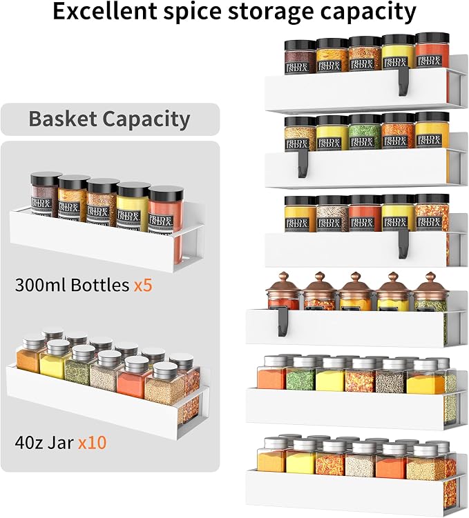 Hleelomi 6-Piece Extra-Large Capacity Magnetic Spice Rack for Refrigerator, White