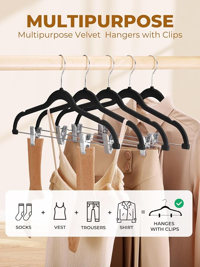 HOUSE DAY Velvet Skirt Hangers 48 Pack, Black Hanger with Adjustable Clips | Space Saving Slim Felt Pant Hanger, Heavy Duty Shorts Hanger, Non Slip Clip Hangars for Pants, Skirts, Shorts, Outfit