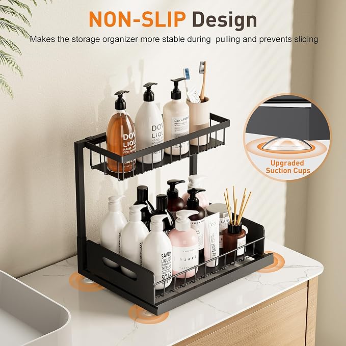 Under Sink Organizer,Metal Pull Out Cabinet Organizer Shelf,Kitchen Bathroom Organizers with Sliding Drawer,Storage Shelves,Storage and organization for Home,Laundry,RV,Pantry,Spice,Black,1 Pack