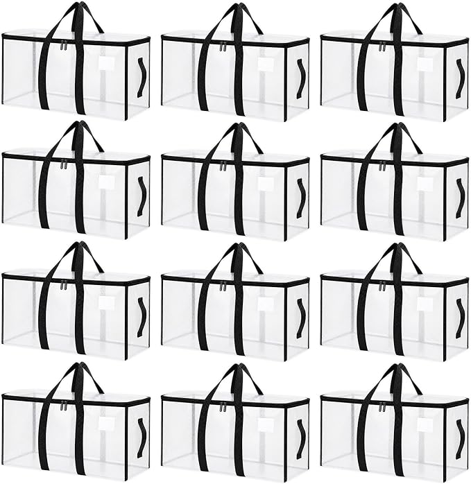 Songrey Heavy Duty Moving Bags, 12 Pack Large Storage Bags with Zipper & Handles, Waterproof Totes Bags for Clothes Packing, Moving, College Supplies, Home Organization