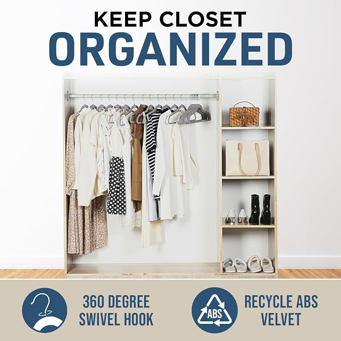 Lifemaster Velvet Non-Slip Hangers - 100 Pieces Non-slip Coat Hanger Set with 360° Swivel Hook, Space-Saving, Sleek Design, Keep Closet Organized, Smooth Velvet Finish, Lightweight Construction - Gray