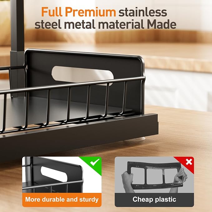 Under Sink Organizer,Metal Pull Out Cabinet Organizer Shelf,Kitchen Bathroom Organizers with Sliding Drawer,Storage Shelves,Storage and organization for Home,Laundry,RV,Pantry,Spice,Black,1 Pack