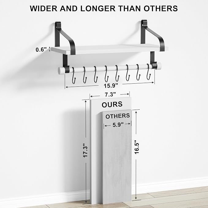 Love-KANKEI 17.3" Floating Wall Shelf Solid Wood/Bracket,Coffee Bar,White | Spice Rack,Towel Bar/8 Hooks,40 Lbs/shelf,Easy to Install,For Kitchen,Bathroom,Living Room,Bedroom,Office,Entryway Display
