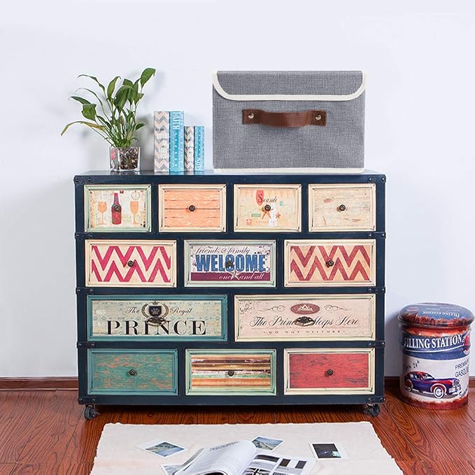 2Pack Storage Bins Boxes with Lids 15"x10"x10" Decorative Storage Baskets | Cotton Linen Fabric, Collapsible, Faux Leather Handles, Storage Cubes, Closet Shelf Clothes Organizer Container, Grey