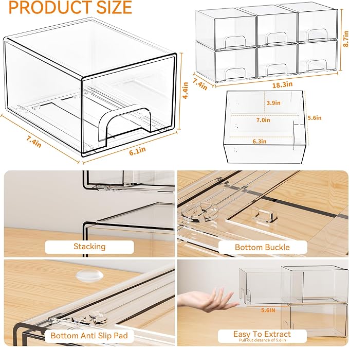 Yieach 6 Pack Small Stackable Storage Drawers,4.4 Inch Tall Stacking Acrylic Clear Storage Bins for Bathroom Vanity,Undersink,Pull Out Drawer Organizers for Beauty,Makeup,Medicine Cabinet Organizers