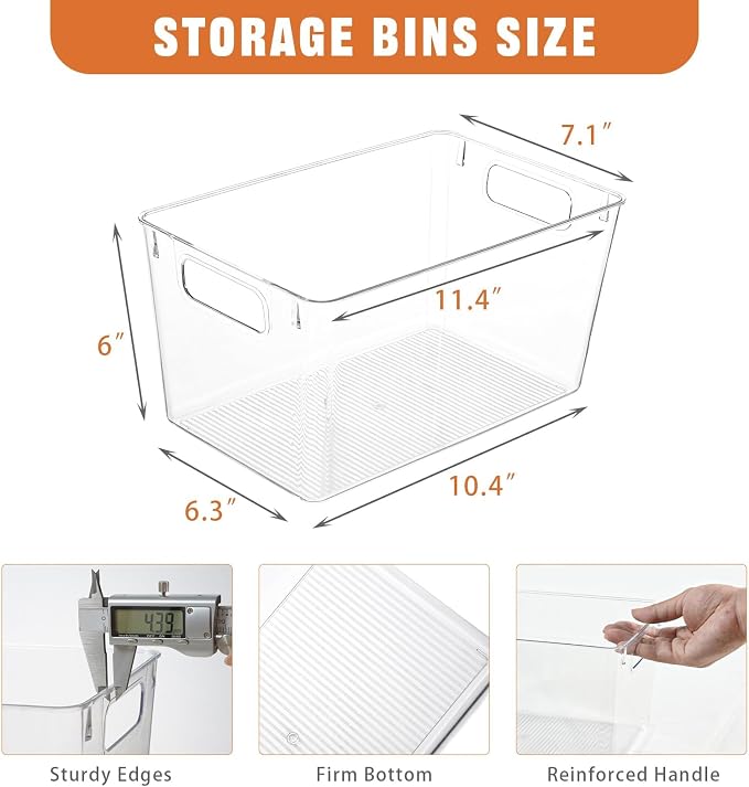 Freebat 12 Pack Large Clear Plastic Storage Bins,Plastic Containers with Handle for Pantry Organizer and Storage,Perfect for Kitchen,Fridge,Cabinet, Closet,Bathroom Under Sink Storage