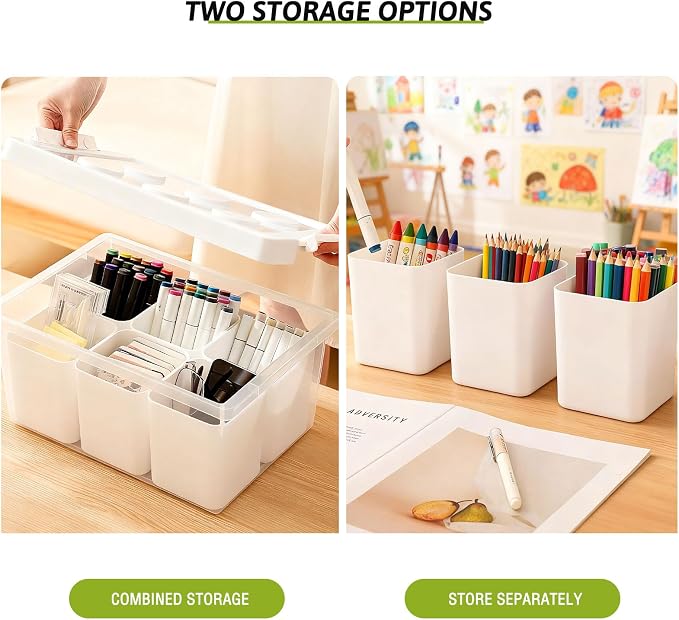 Plastic Storage Bins with Lids, Art Craft Supply Organizer Box with Brush Pot, Multipurpose Stackable Storage Containers for Organizing Tool, Craft, Crayon,Sewing(White)