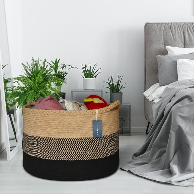 COMSE Extra Large Blanket Basket, Woven Laundry Basket, 21.7”x 13.8”, Nursery Hamper, Cotton Rope Laundry Hamper Living Room for Storage Toys Clothes Towels (Brown & Black)