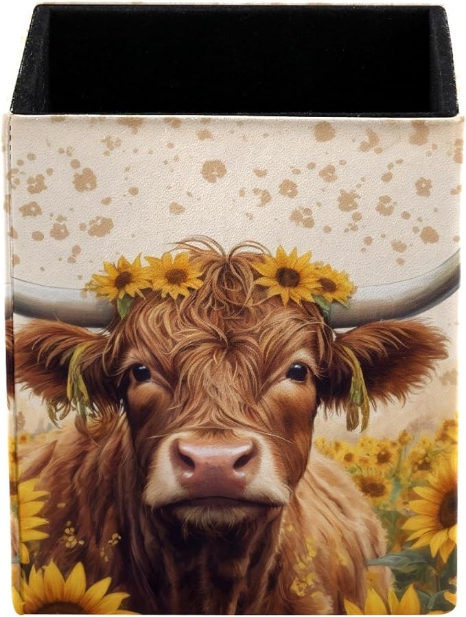 Pen Holder for Desk, Highland Cow Sunflowers Pencil Holder, Pen Cup Functional Desk Organizer for Office Supplies