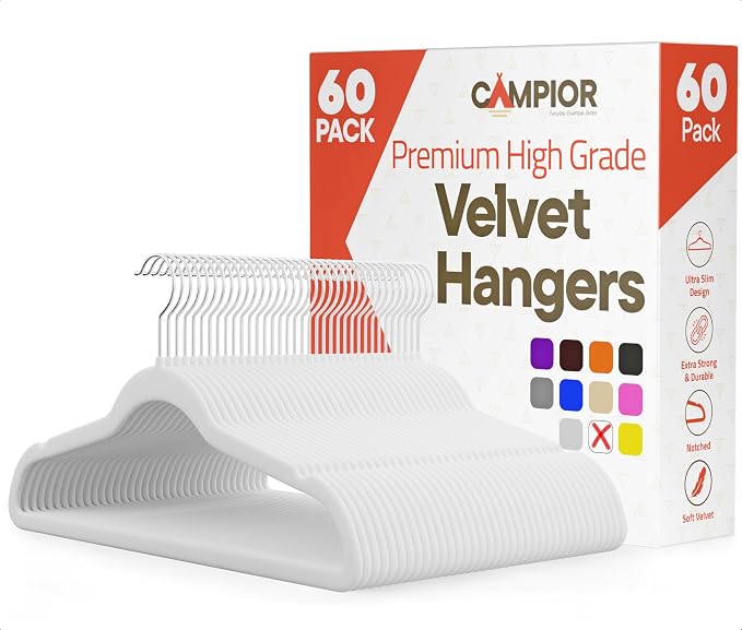 White Velvet Hangers 60 Pack – 360° Swivel Hook, Non-Slip and Space Saving Hangers, Heavy-Duty 11 lbs Weight Capacity - Smooth Velvet Finish for Crease-Free Clothes and Effortless Closet Organization